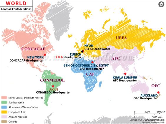 World map to show different associations of football