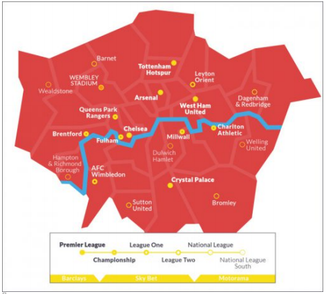 map of all the total professional clubs in London