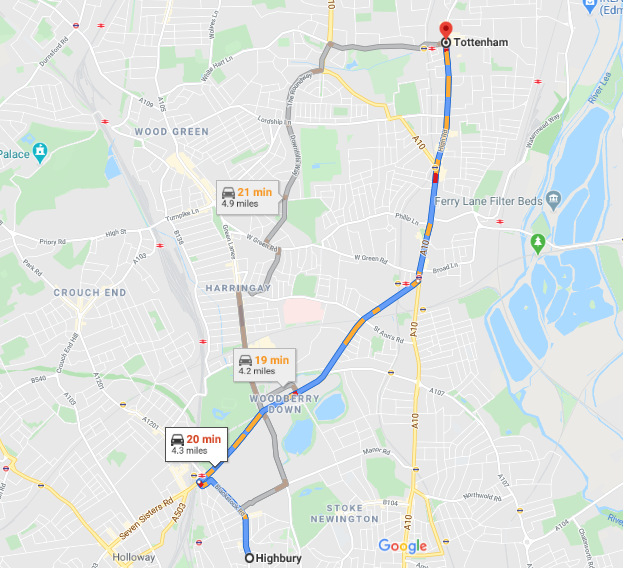 The map showing Distance between highbury and White hart Lane